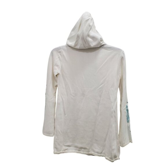 Athleta Women's White Aqua Boho Embroidered Hooded Long Sleeve‎ Surplus Tunic M - Picture 7 of 7